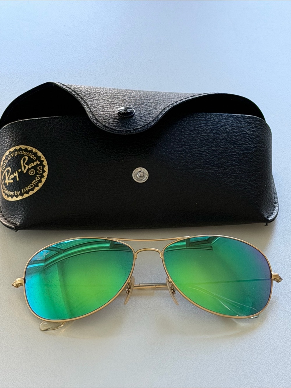 Ray-Ban Aviator Gold Green Flash Mirrored Sunglasses with Case